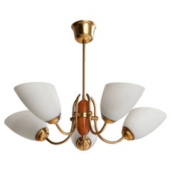 Swedish Designer, Chandelier, Brass, Oak, Glass, Sweden, 1940s