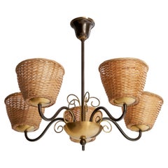 Vintage Fog & Mørup, Chandelier, Brass, Rattan, Denmark, 1940s