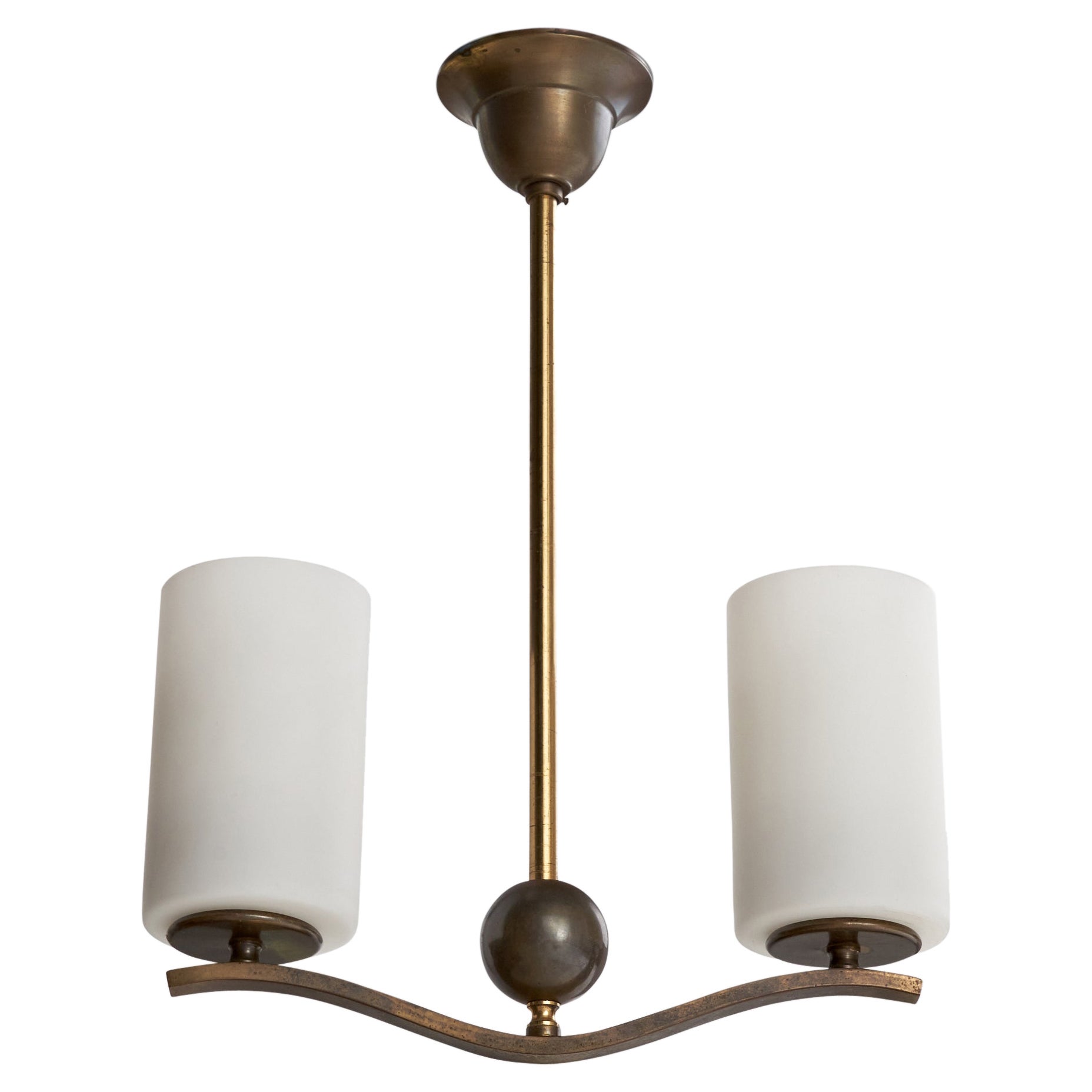 German Designer, Chandelier, Brass, Glass, Germany, 1920s