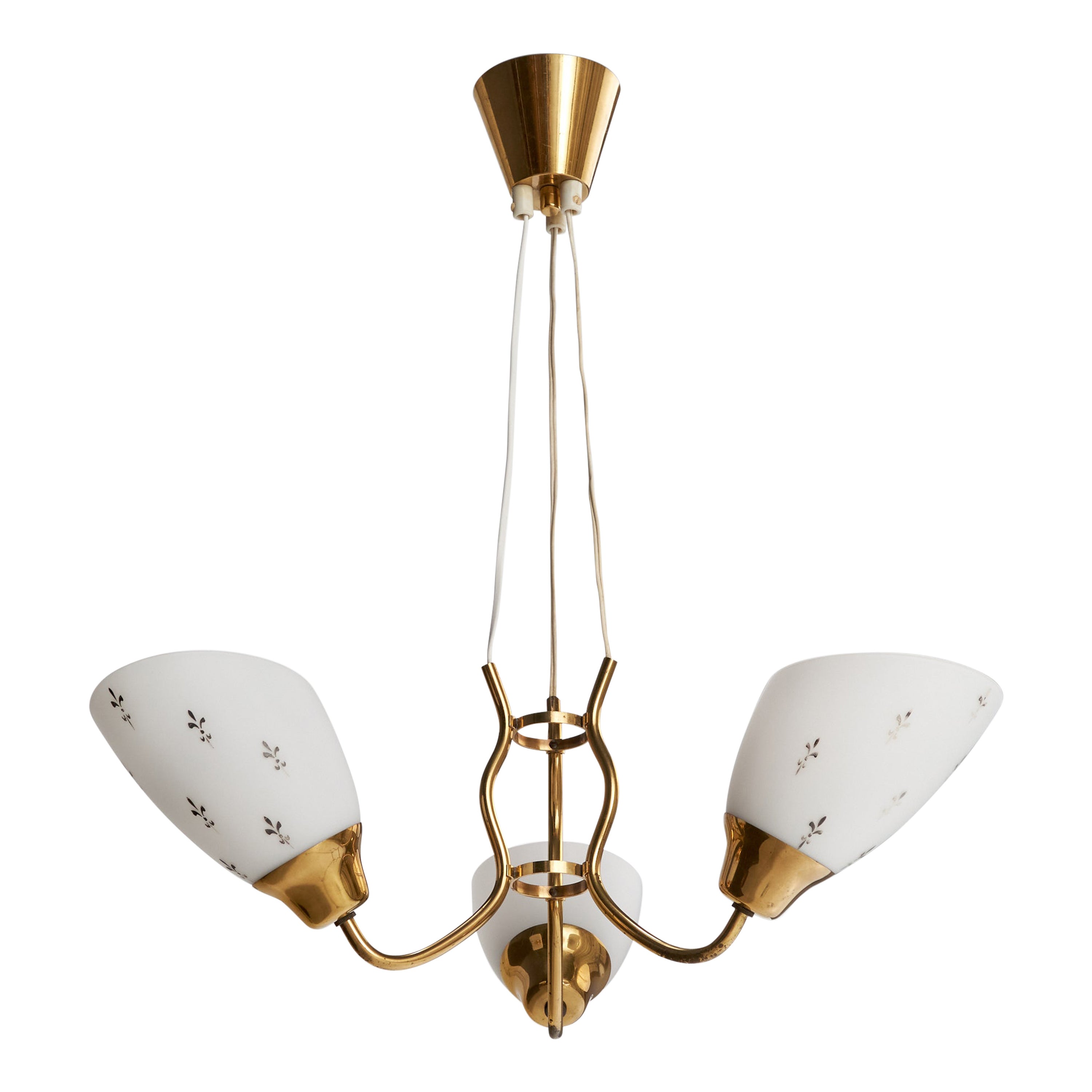 Swedish Designer, Chandelier, Brass, Glass, Sweden, 1950s
