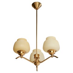 Swedish Designer, Chandelier, Brass, Glass, Sweden, 1950s