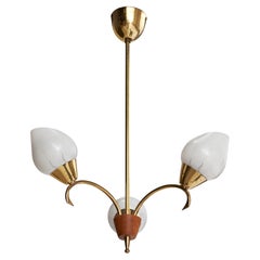 Lampadario di design svedese, ottone, teak, vetro, Svezia, anni '50
