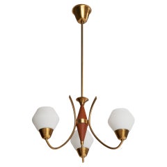 Swedish Designer, Chandelier, Brass, Teak, Glass, Sweden, 1950s