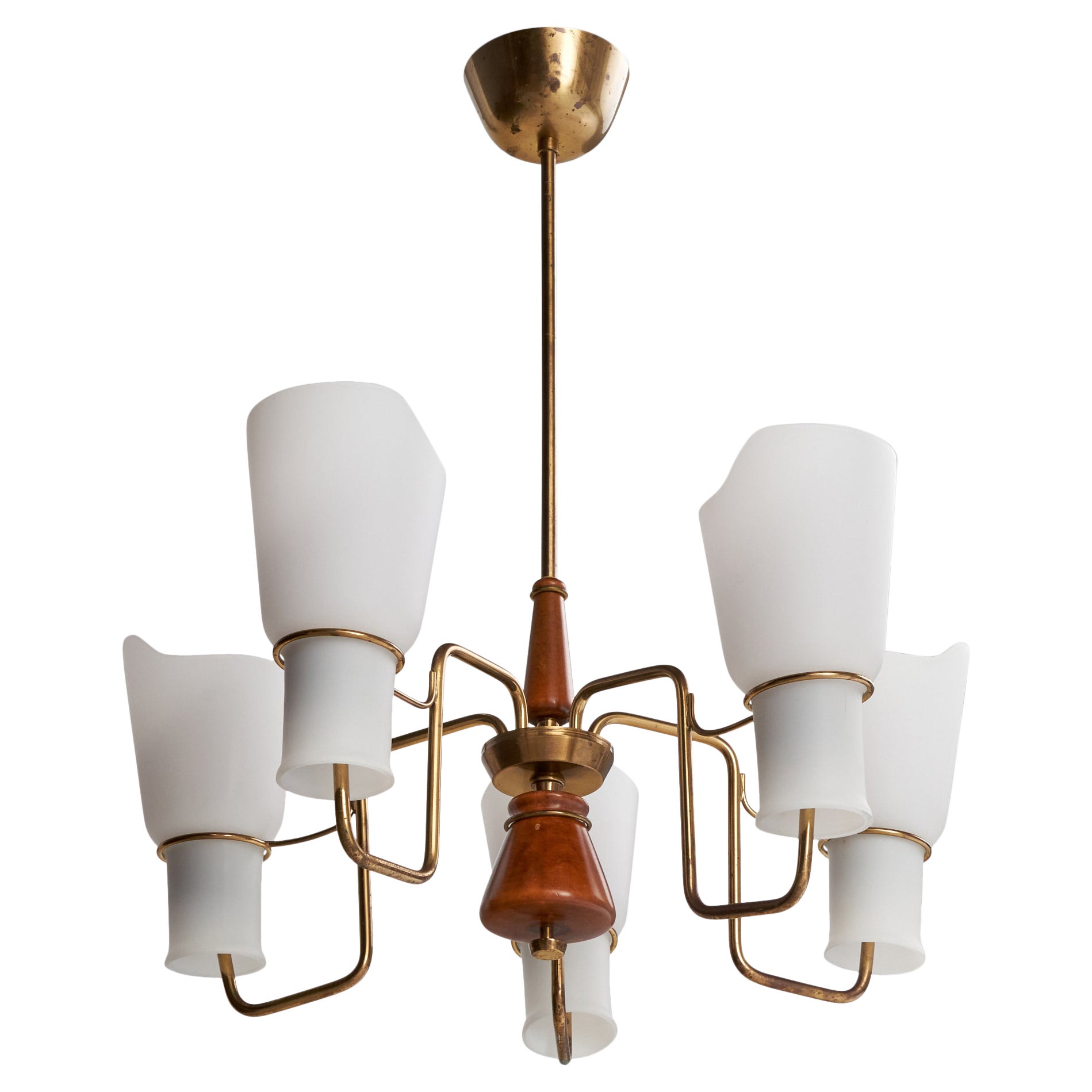 ASEA attribution, Chandelier, Brass, Glass, Wood, Sweden, 1950s