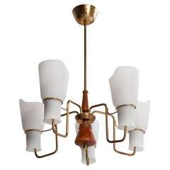 ASEA attribution, Chandelier, Brass, Glass, Wood, Sweden, 1950s