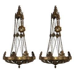Antique Louis XVI, Chandeliers, Gilt Bronze, Brass, Leaf Motif, Pierced, 1880s