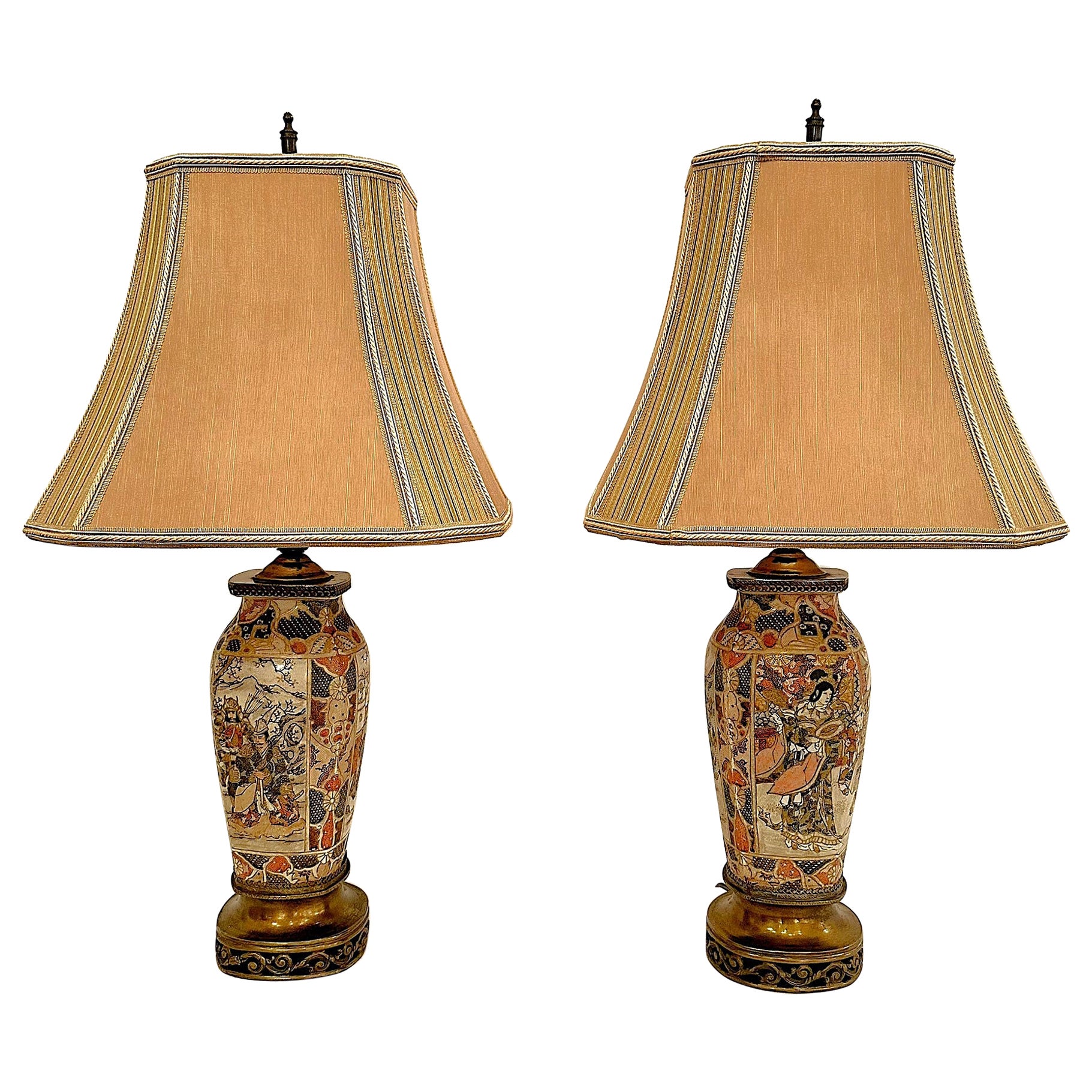 Pair Antique Japanese Satsuma Porcelain Lamps and Shades, Circa 1890-1900.