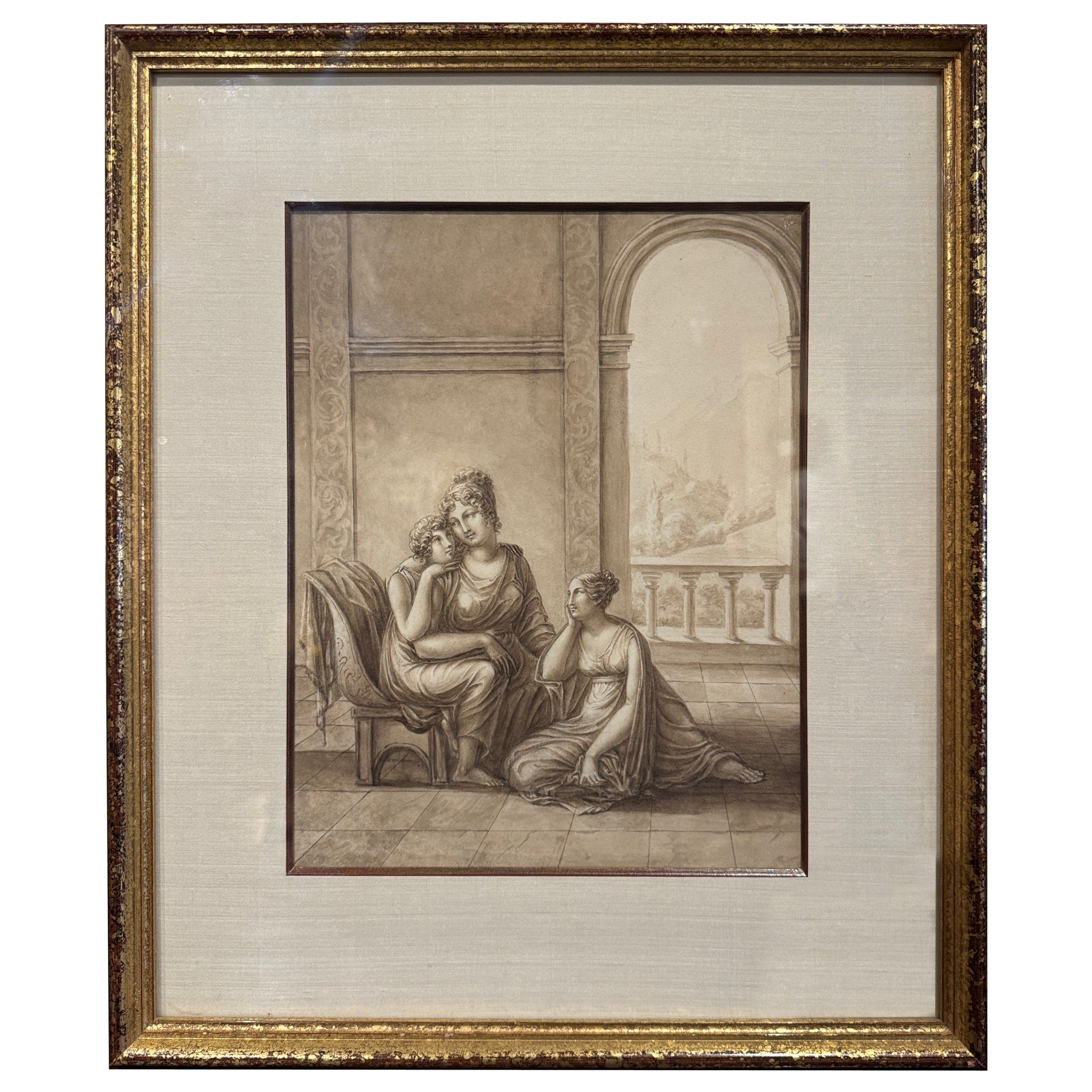 19th Century French Neoclassical "Grisaille" Painting on Paper in Giltwood Frame For Sale