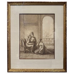 Peinture néoclassique française du 19ème siècle sur papier dans un cadre en bois doré Grisaille