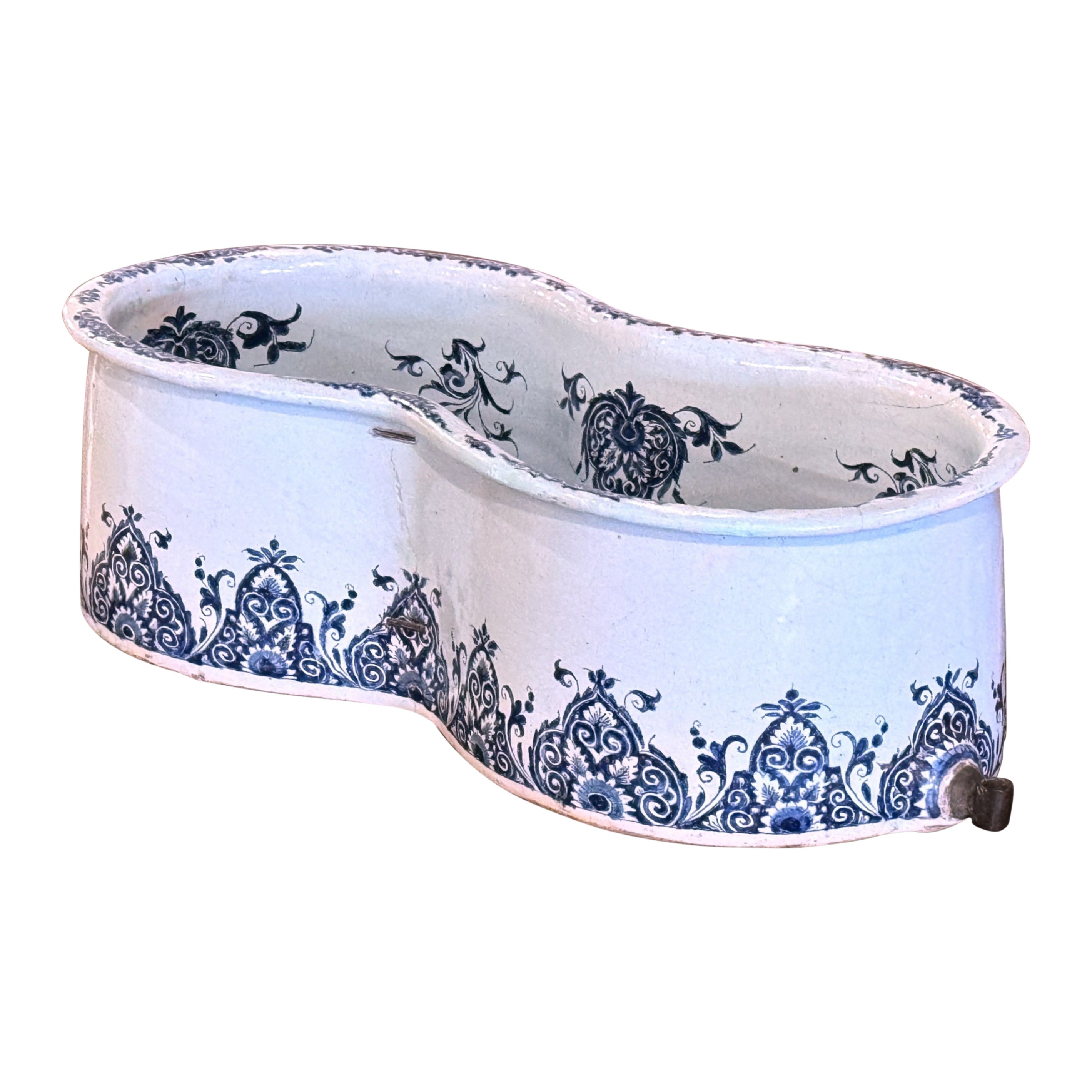 18th Century French Hand Painted Blue and White Faience Bidet Jardiniere For Sale