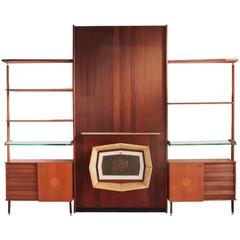 Italian Mid-Century Rosewood Wall Unit with Firepalce and Glass Shelves, 1960s