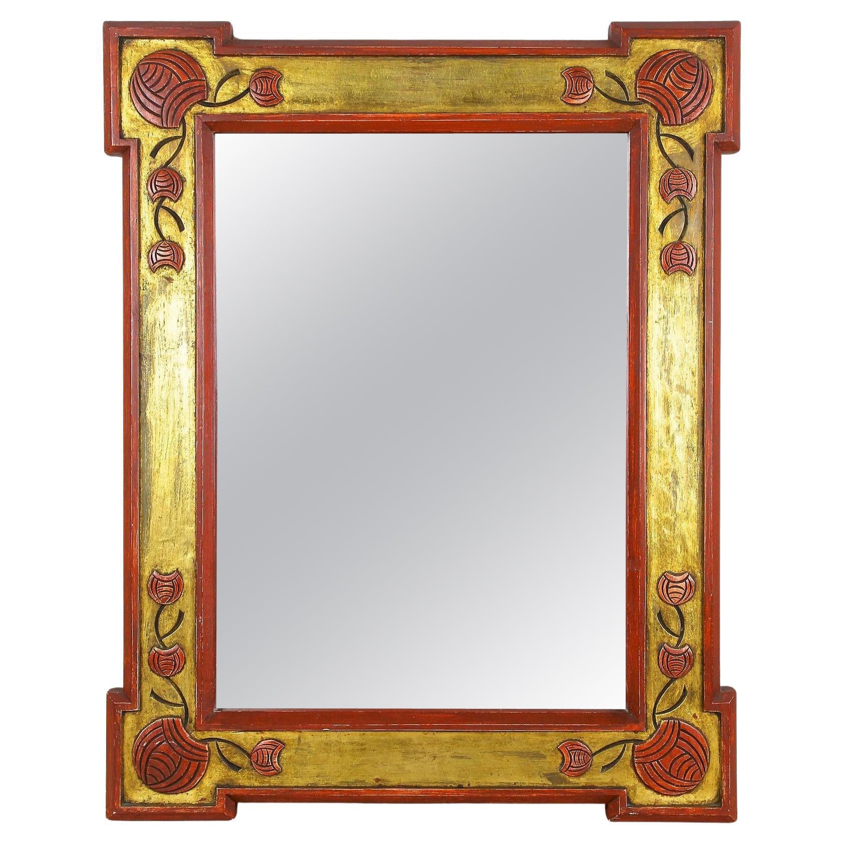 20th Century Art Nouveau Gilt/ Red Wall Mirror With Floral Carvings, AT ca. 1900 For Sale