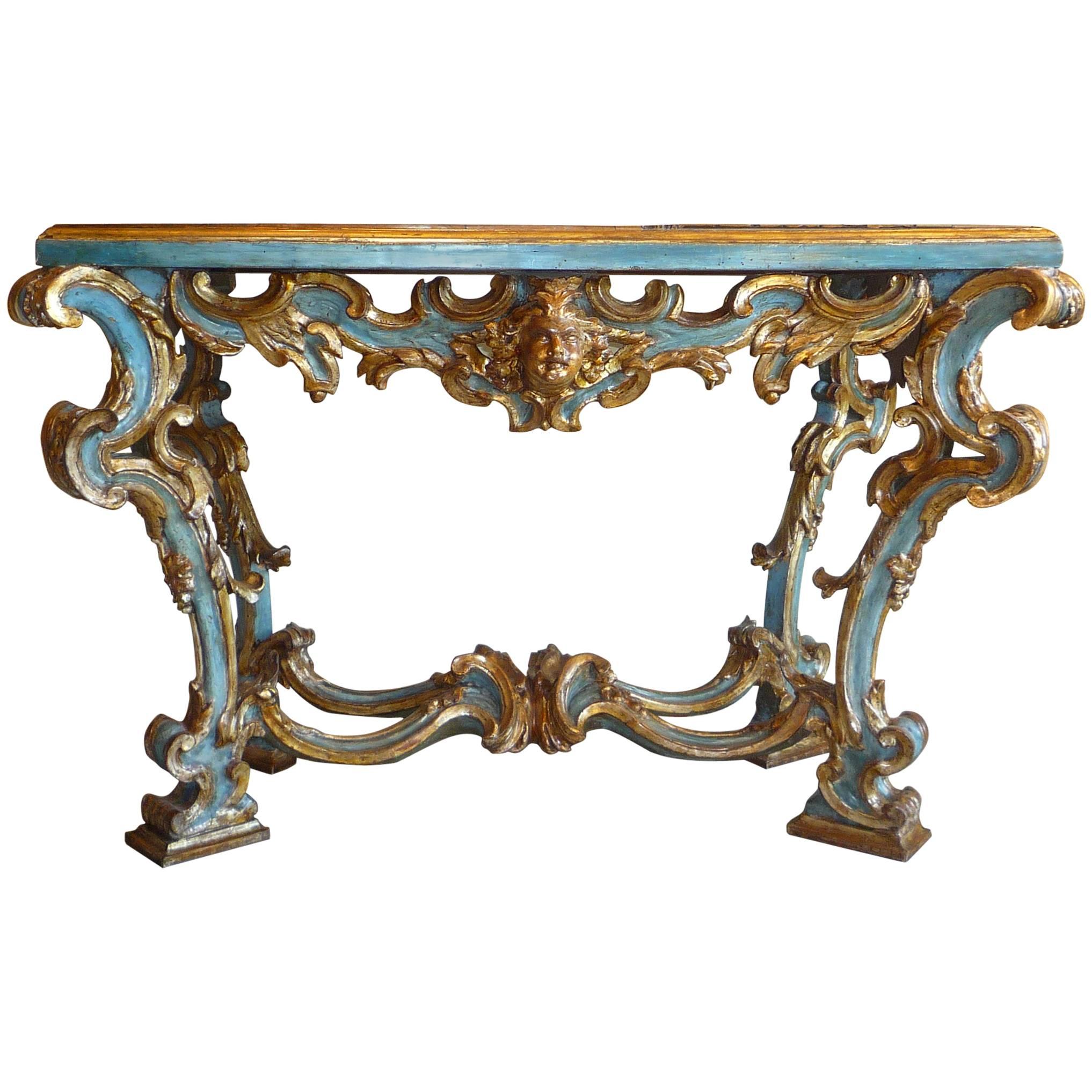 18th Century Baroque Roman Painted and Gilt Carved Wood Console Table