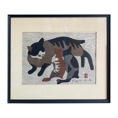 Kiyoshi Saito Gestreifte Mutterkatze und Kitten mit japanischem Holzschnitt, signiert, Kiyoshi Saito