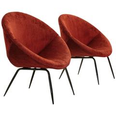Set of Two Italian Mid-Century Red Velvet Lounge Chairs, 1950s