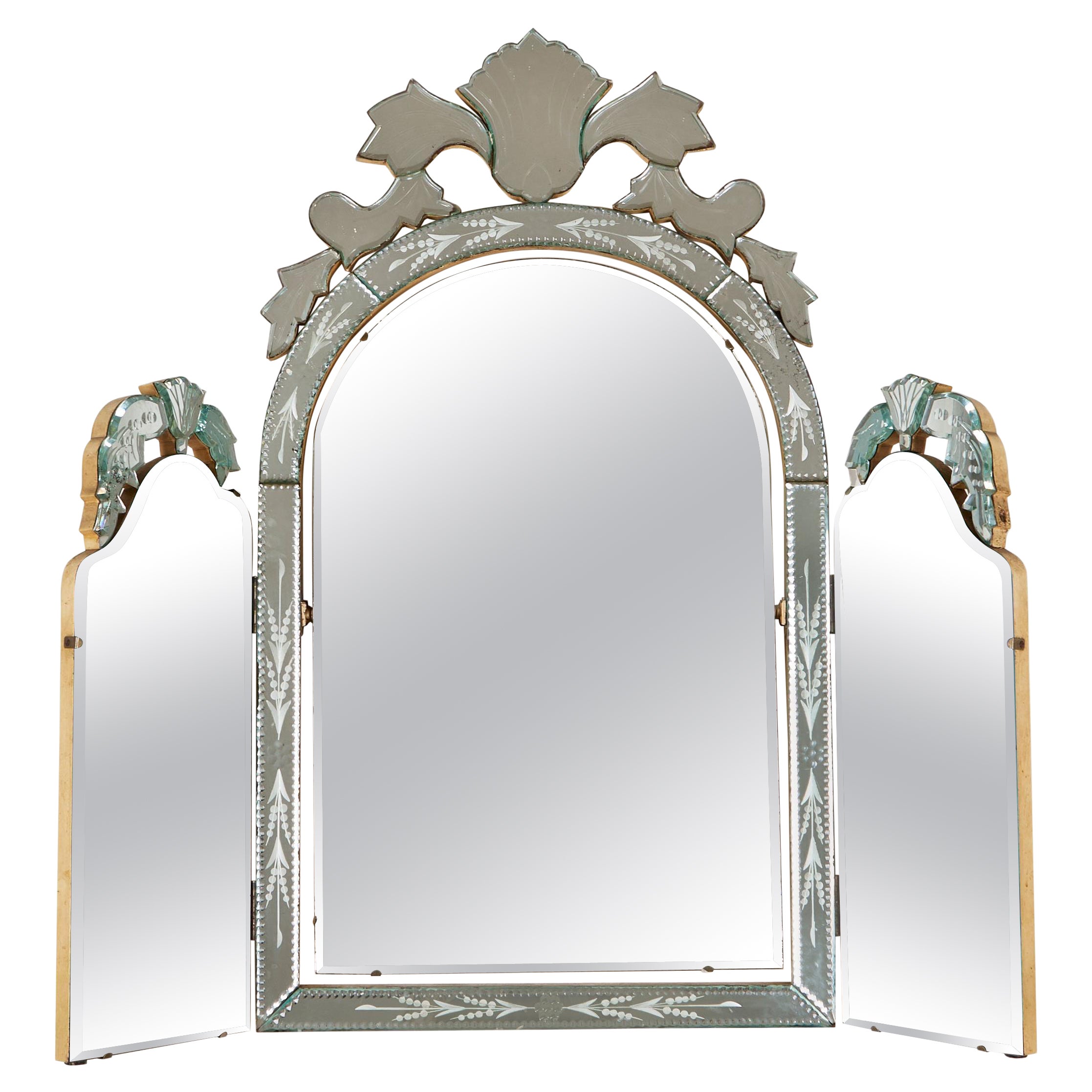 1960's Italian Venetian etched triptych table mirror