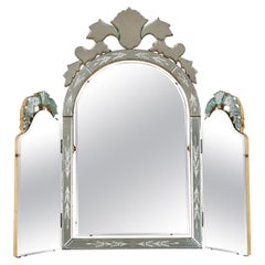 1960's Italian Venetian etched triptych table mirror