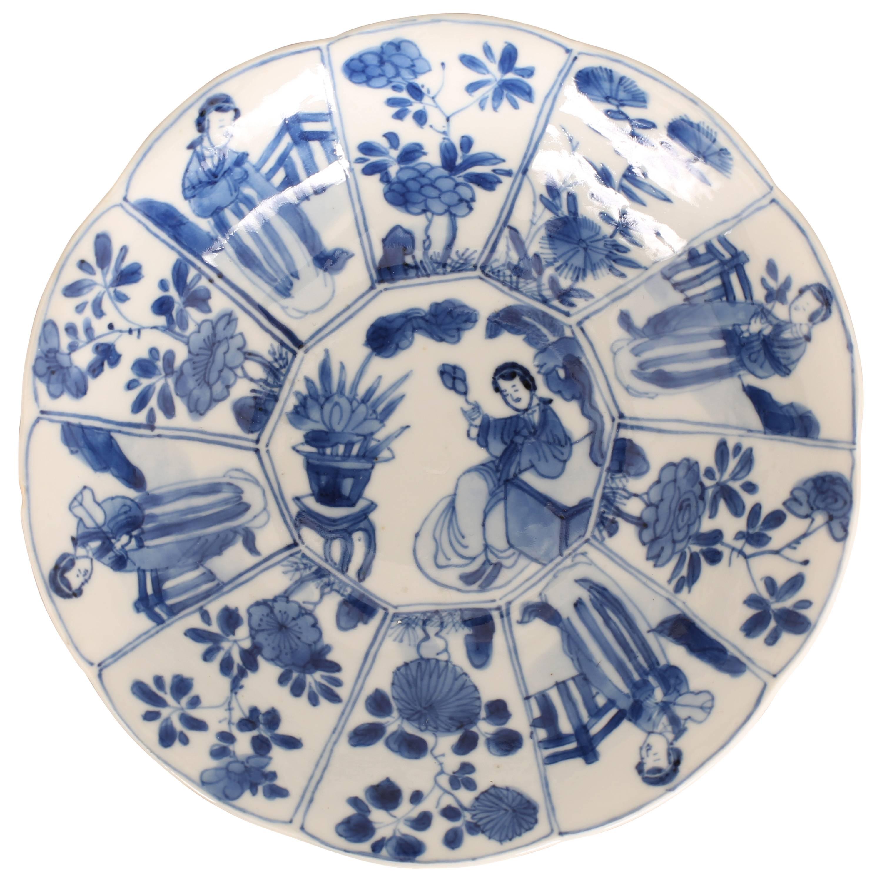  Chinese Porcelain Blue and White Saucer Dish, Women and Flowers, 19th Century For Sale