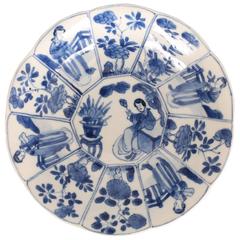  Chinese Porcelain Blue and White Saucer Dish, Women and Flowers, 19th Century