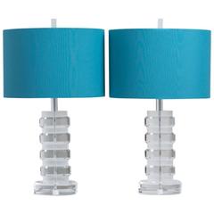Pair of Frosted and Clear Lucite Stacked Table Lamps, 1970s 12
