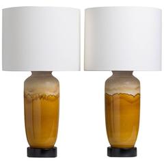 Pair of Toffee and Cream Glazed Ceramic Table Lamps, 1970s