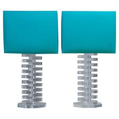 Large Pair of Octagonal Stacked Lucite Table Lamps, 1970s