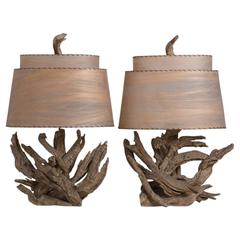 Large Pair of Driftwood Table Lamps, 1960s