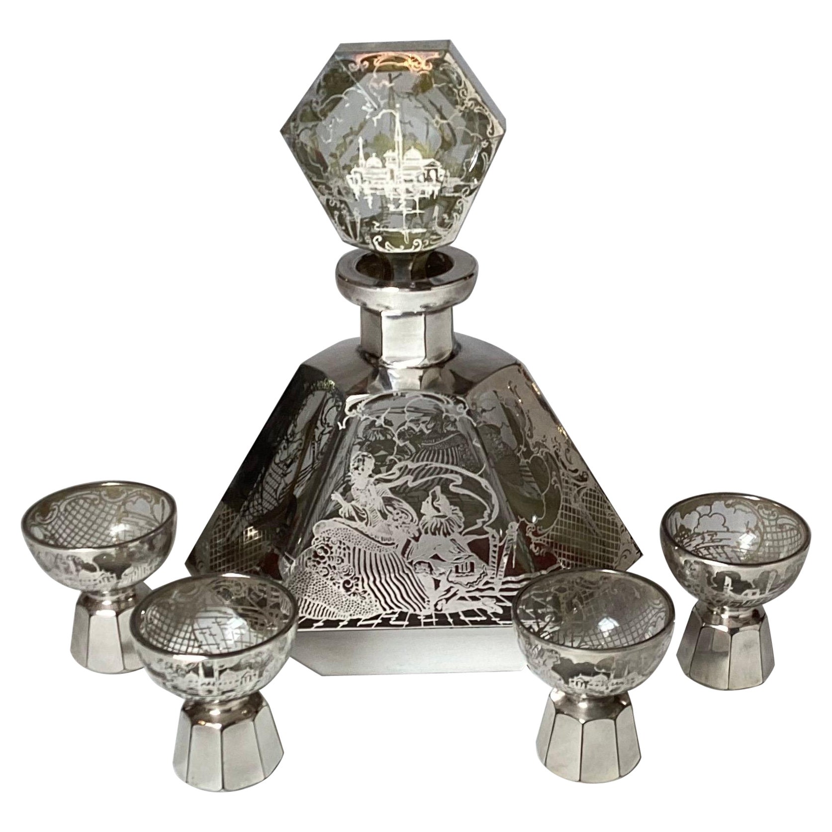 An Art Deco Sterling Silver Overlay Cordial Decanter Set 1920's