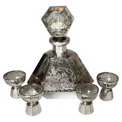 Antique An Art Deco Sterling Silver Overlay Cordial Decanter Set 1920's