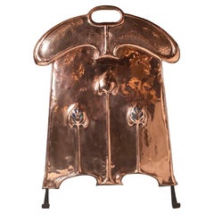 Antique An Art Nouveau Polished Copper Fire Screen with Glass Inserts