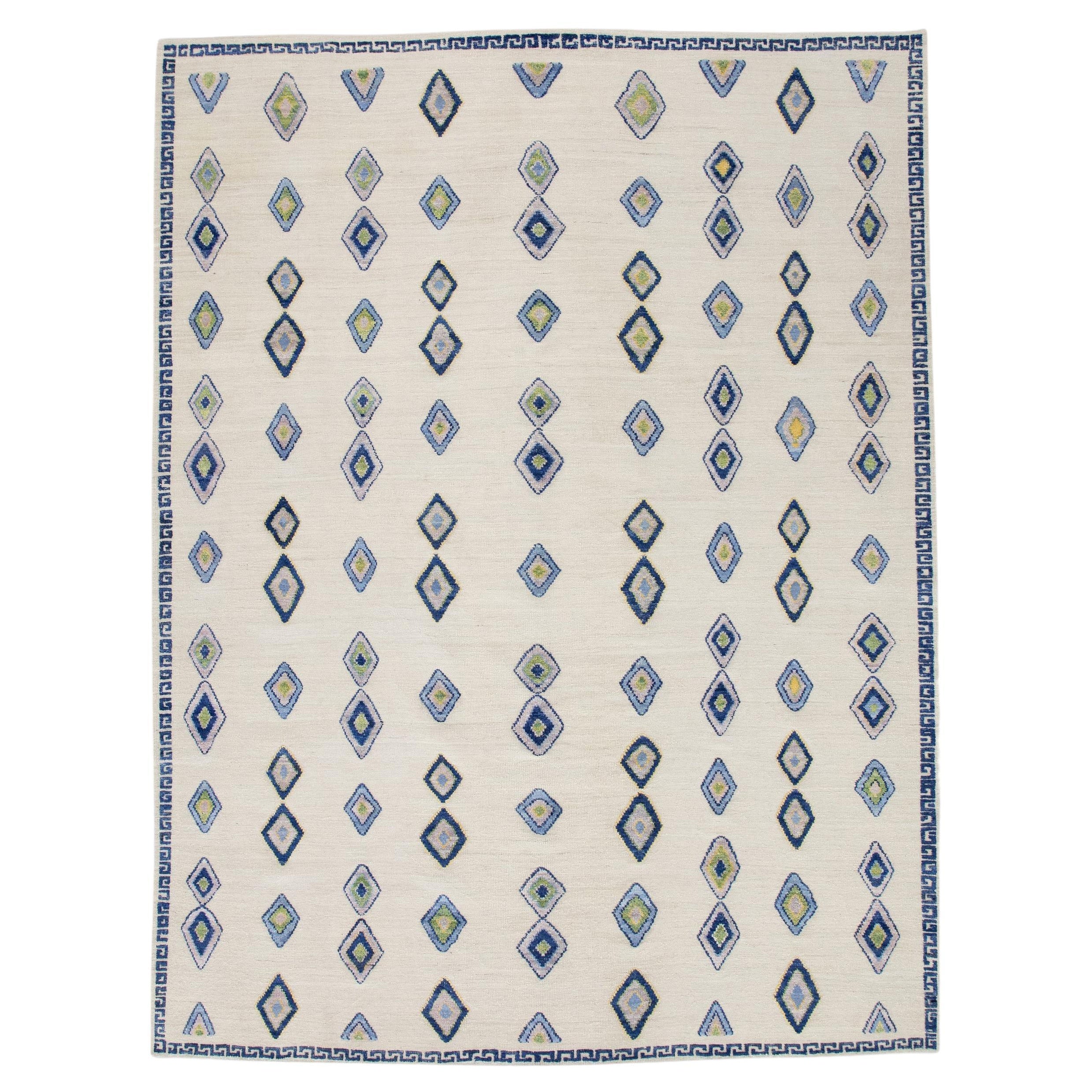 Alfombra turca de lana tejida a mano Flatweave Azul Rosa Geométrica Kilim 9'3" x 12'1