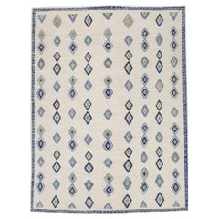 Turkish Handmade Wool Rug Flatweave Blue Pink Geometric Kilim 9'3" x 12'1"