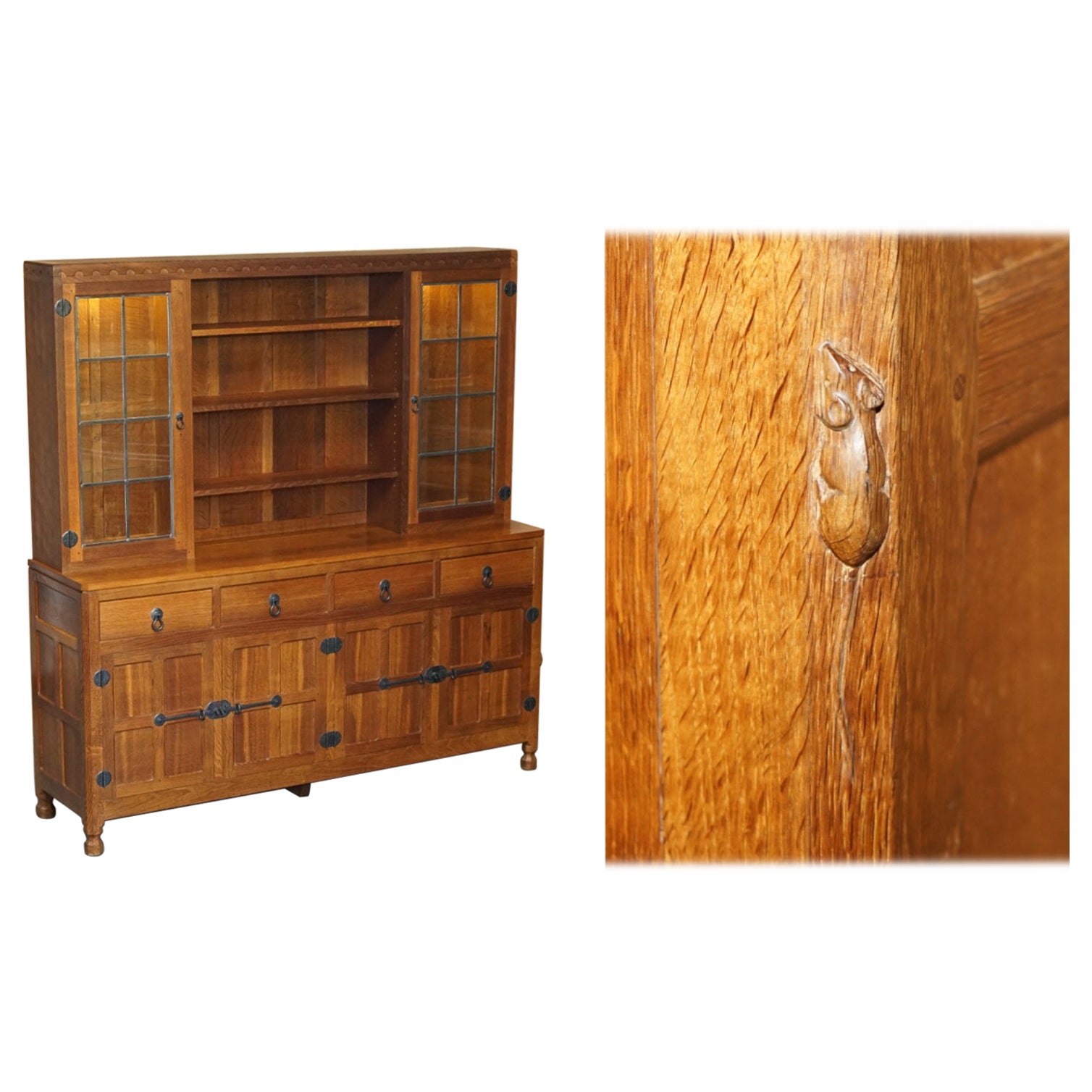 STUNNING VINTAGE ROBERT MOUSEMAN THOMPSON OAK DISPLAY DRESSER SIDEBOARD + Leuchten