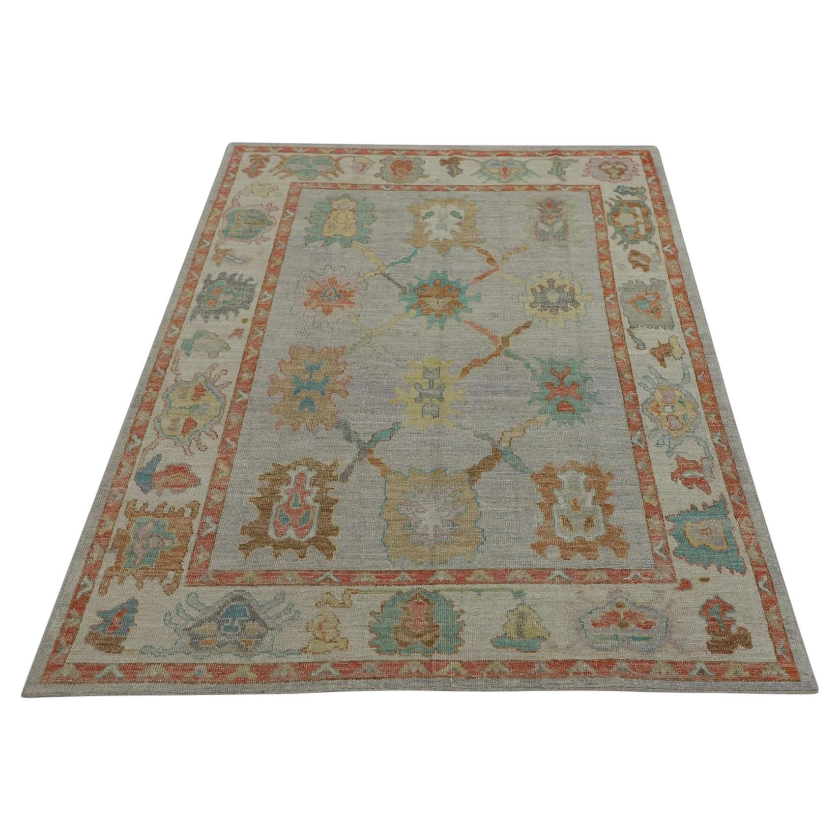 Tappeto turco Oushak Tessuto a mano in lana rosso multicolore Design/One 6'7" x 8'11" in vendita