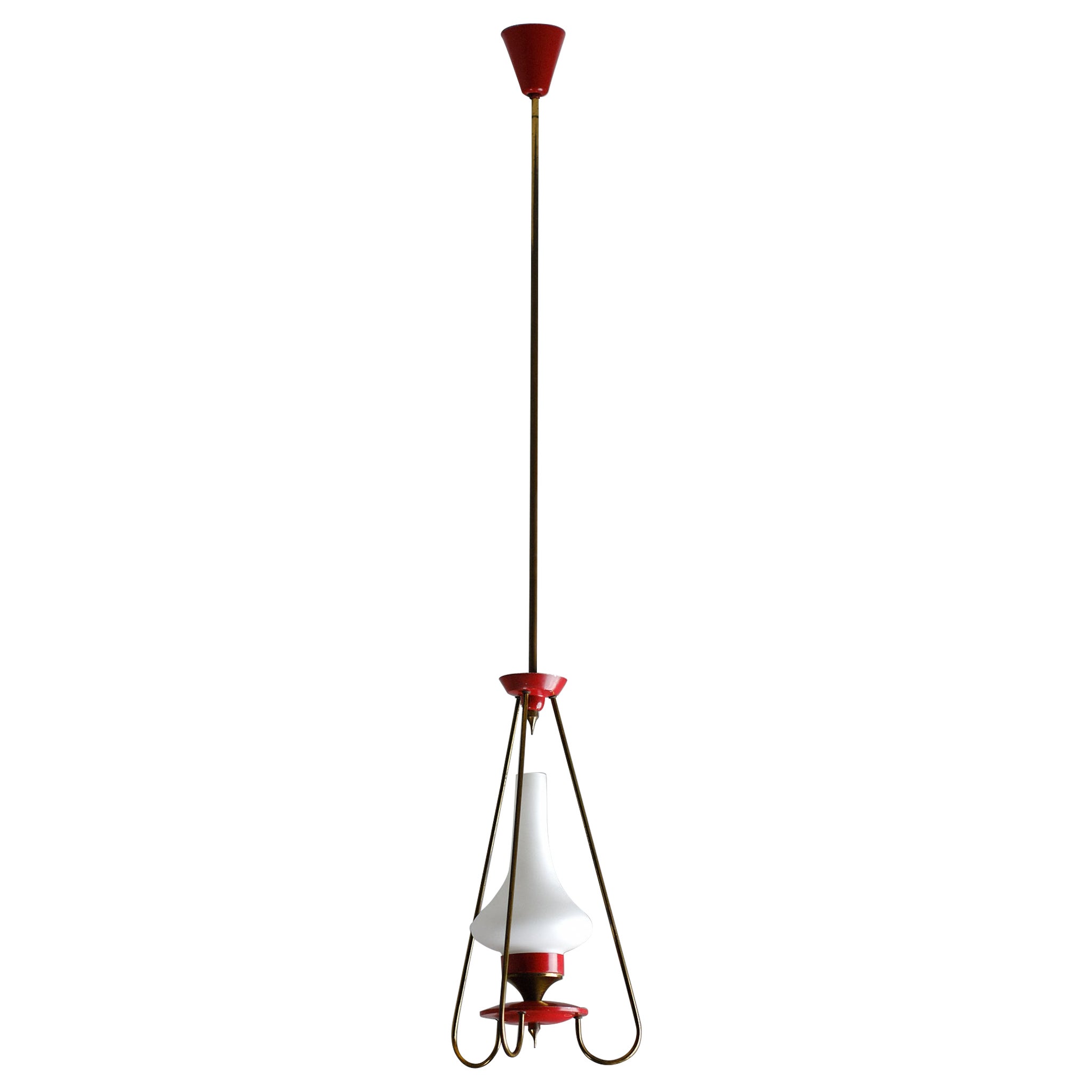 Vintage Brass and Red Lacquered Metal Pendant Chandelier with Opaline Glass Shad For Sale