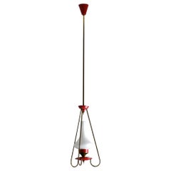 Vintage Brass and Red Lacquered Metal Pendant Chandelier with Opaline Glass Shad