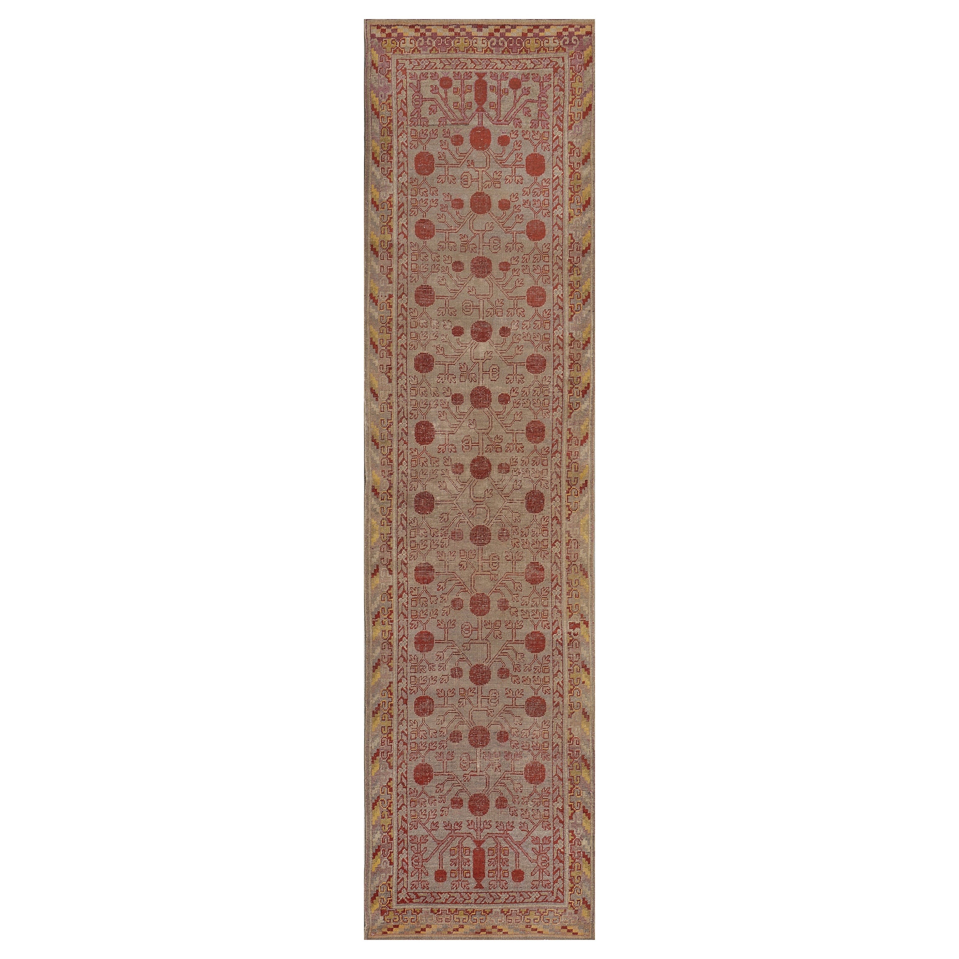 Wool Hand-Woven Antique Coral-Red Pomegranate Khotan Rug