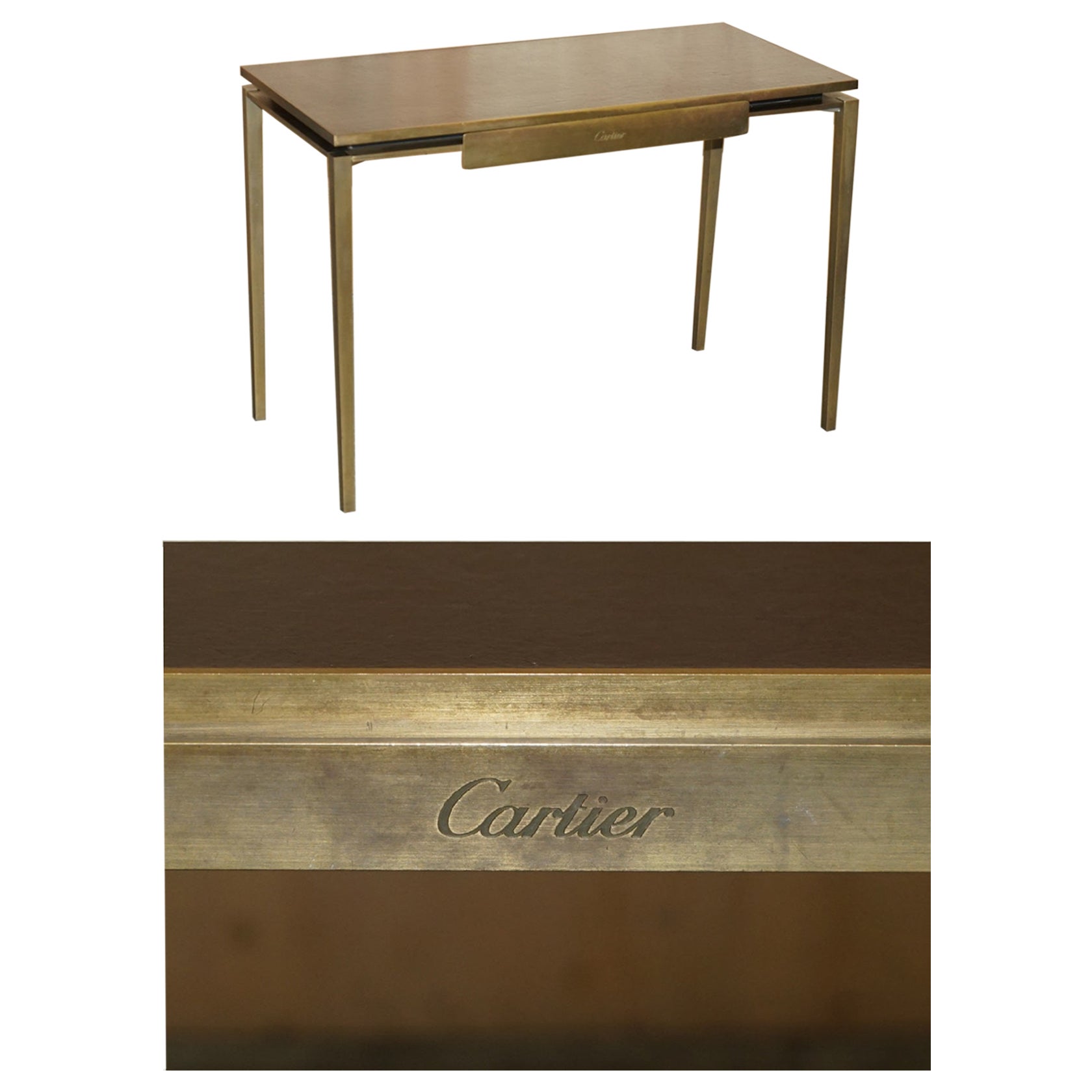 CARTIER PARIS SIGNED BRONZE & LEATHER MID CENTURY MODERN WRiTING TABLE DESK For Sale