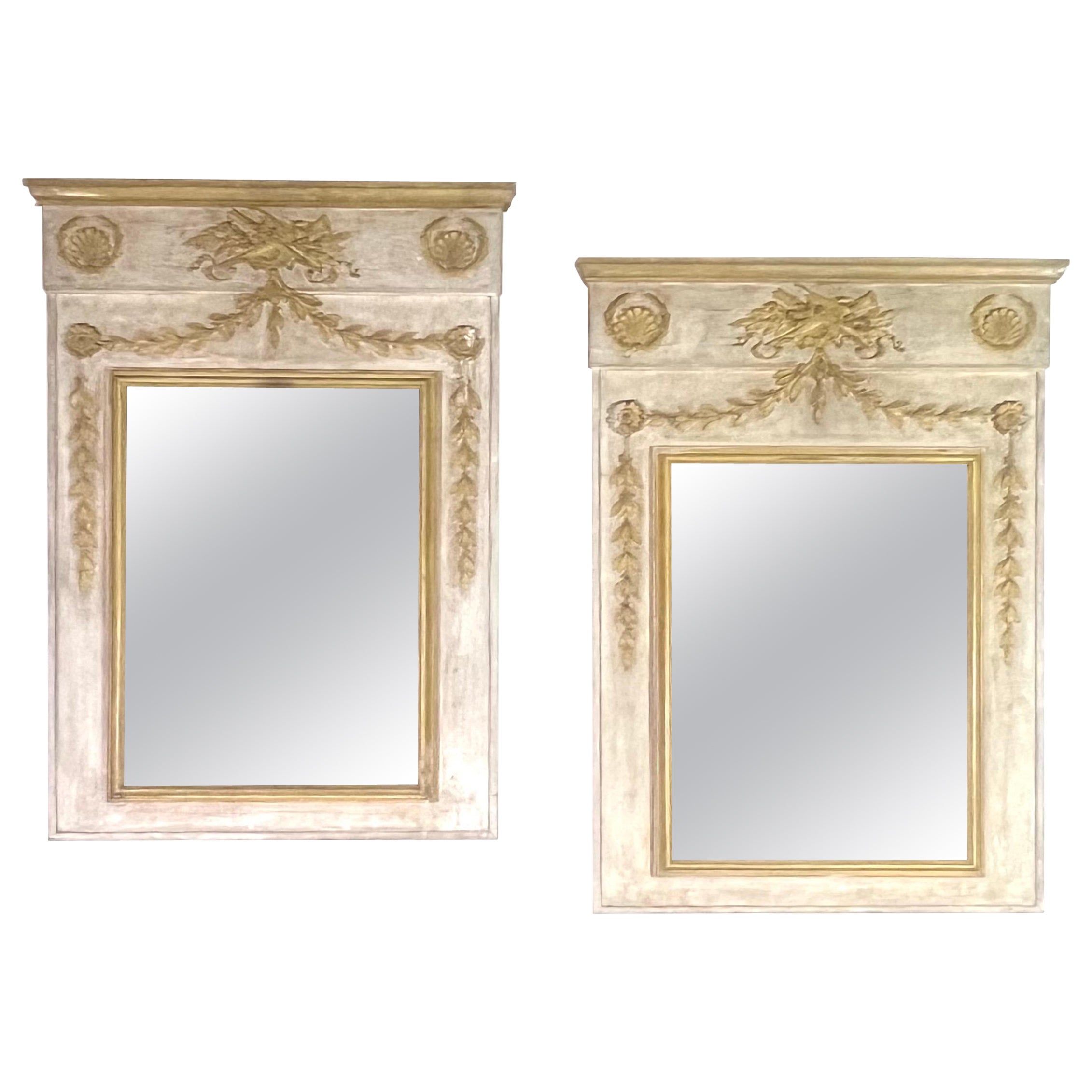 Pair of Carved Wood Painted Trumeau Mirror C. 1930