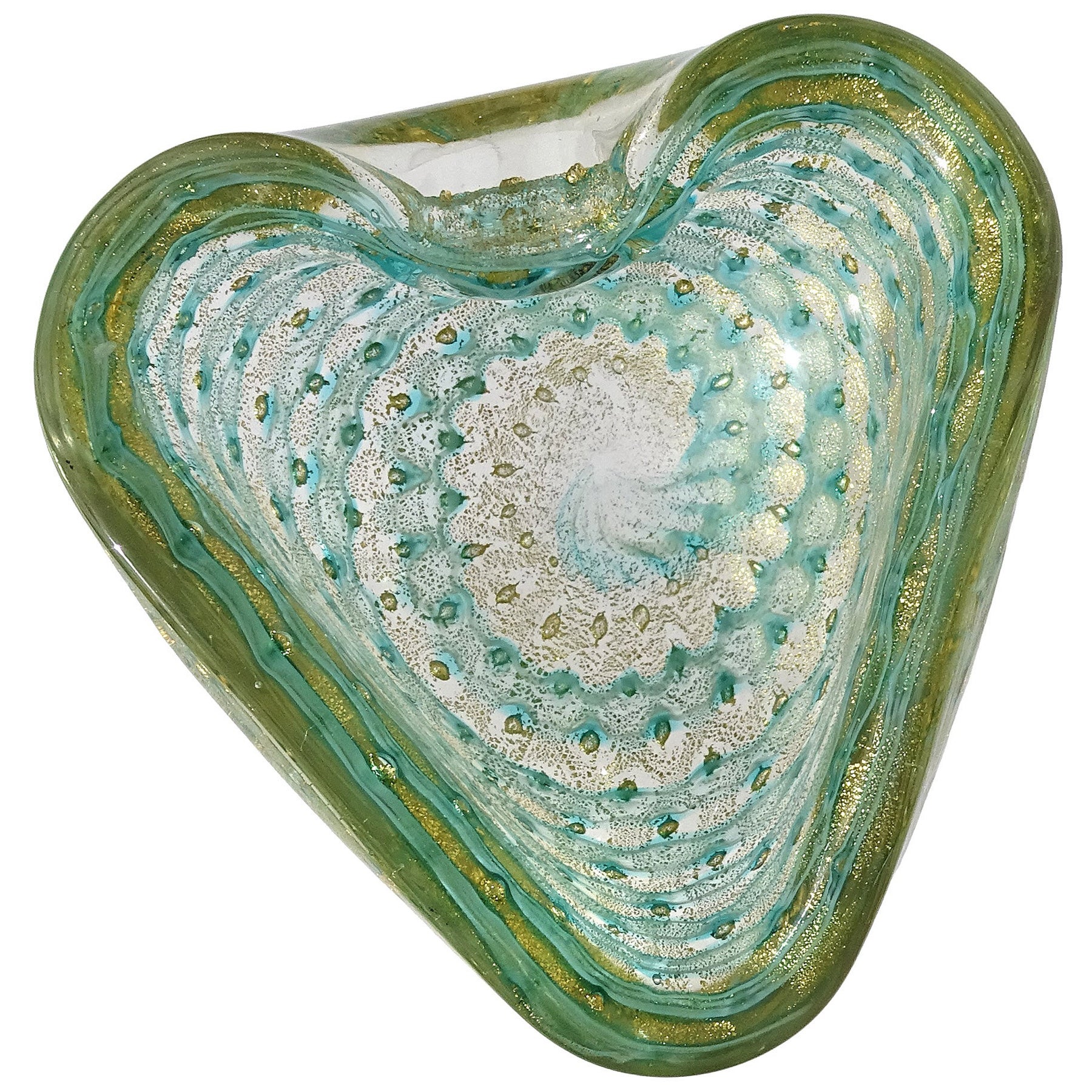 Barovier Toso Murano Gold Flecks Aqua Green Ribbon Italian Art Glass Heart Bowl