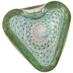Barovier Toso Murano - Bol en forme de cœur en verre d'art italien avec ruban vert aqua et mouchetures dorées
