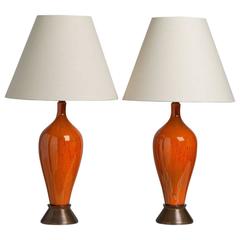 Pair of Rich Orange Glazed Ceramic Table Lamps, 1970s Pair of Rich Orange Glazed Ceramic Table Lamps, 1970s