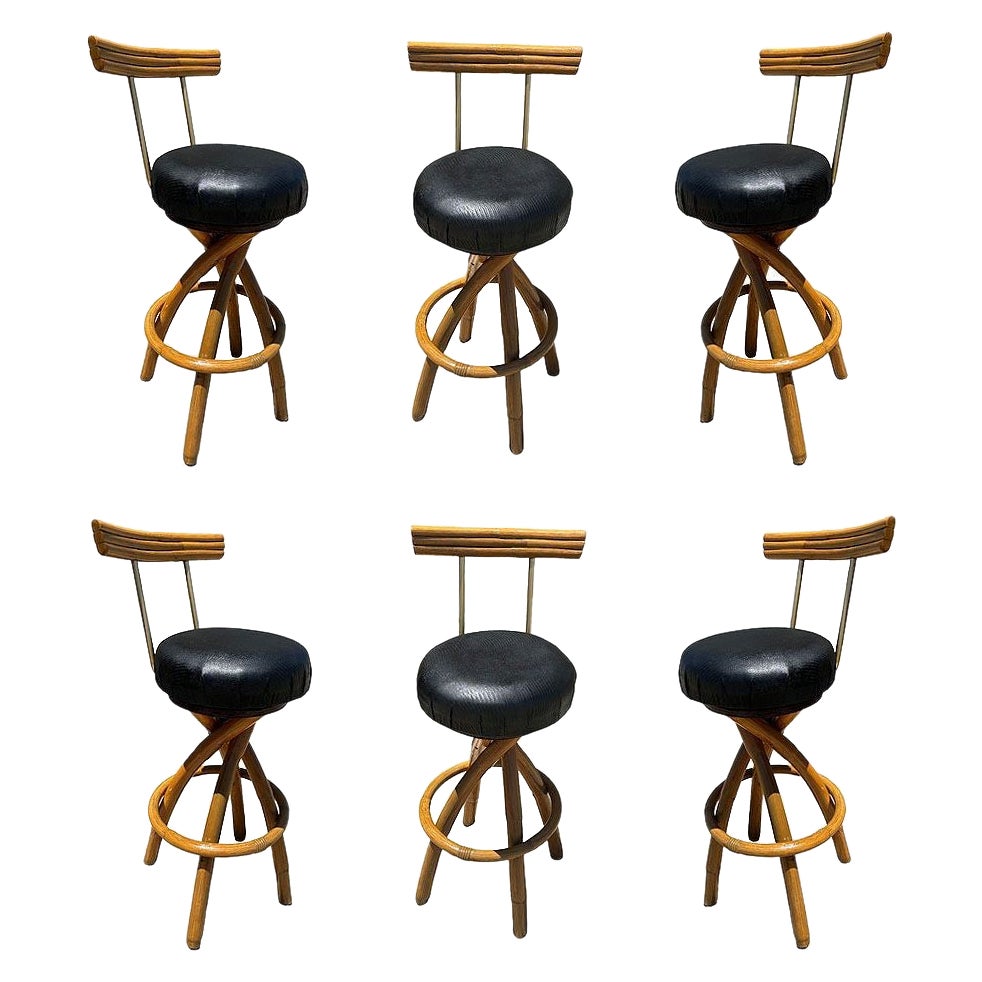 Restored Spiral Legs Rattan & Brass Barstool w/ Swivel Seats, Set of Six