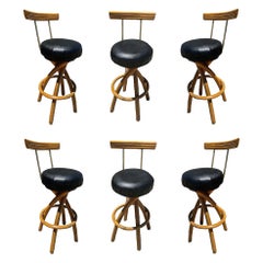 Vintage Restored Spiral Legs Rattan & Brass Barstool w/ Swivel Seats, Set of Six