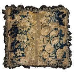 Antique 17th Century Verdure Tapestry Pillow with Foliage and Petite Tassels