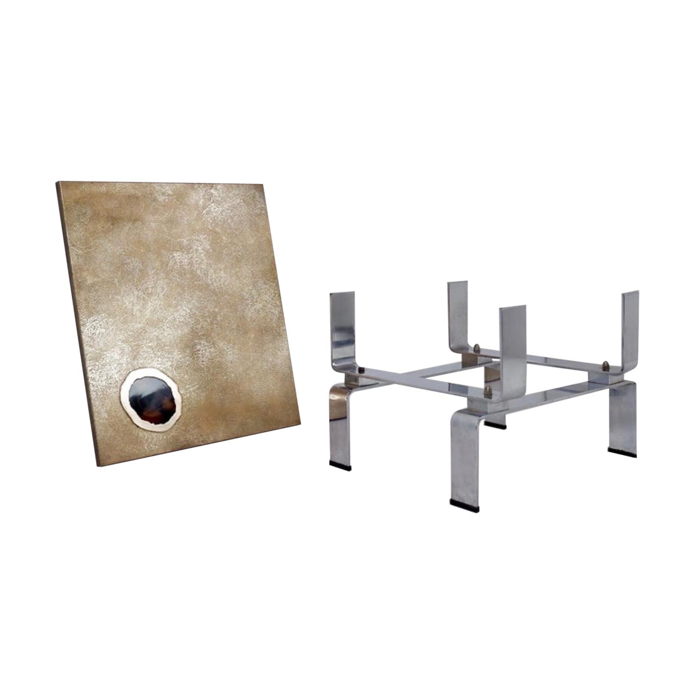 Acid-etched brass coffee table top by Christian Krekels with an agate stone