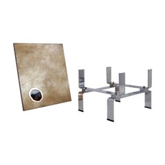 Acid-etched brass coffee table top by Christian Krekels with an agate stone