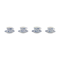 Royal Copenhagen Blue Fluted Half Lace. Four coffee cups with saucers. 