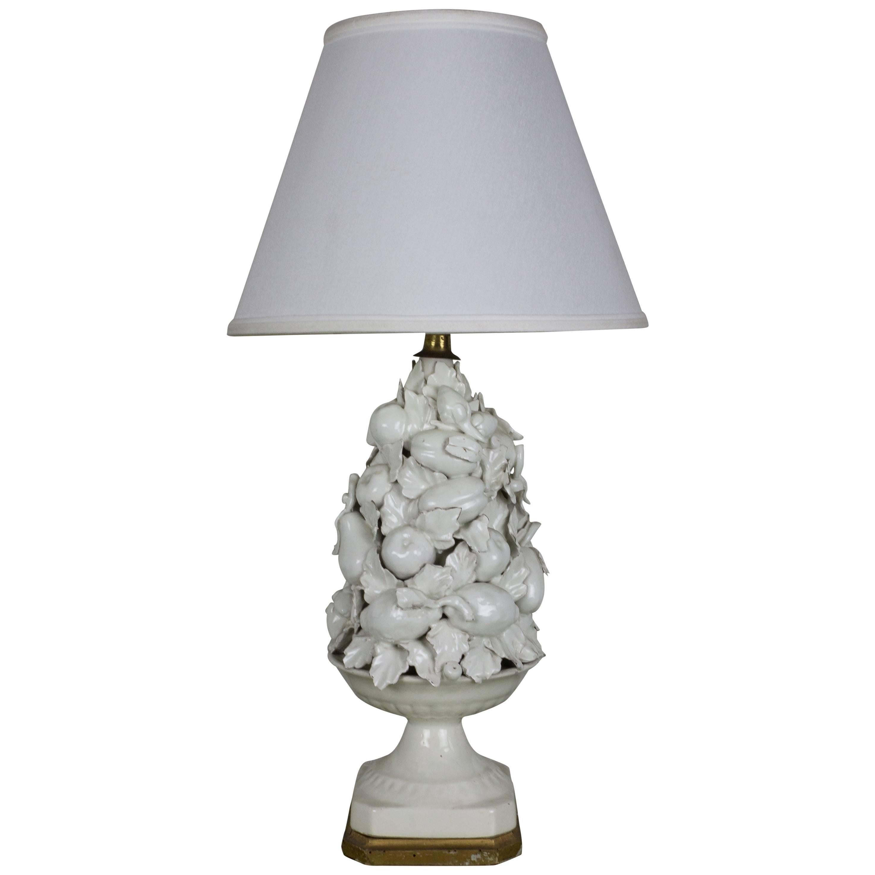 Spanish 1950s White Ceramic Table Lamp with Gilt Wooden Base