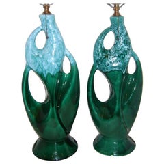Vintage Blue and Emerald Porcelain Lamps